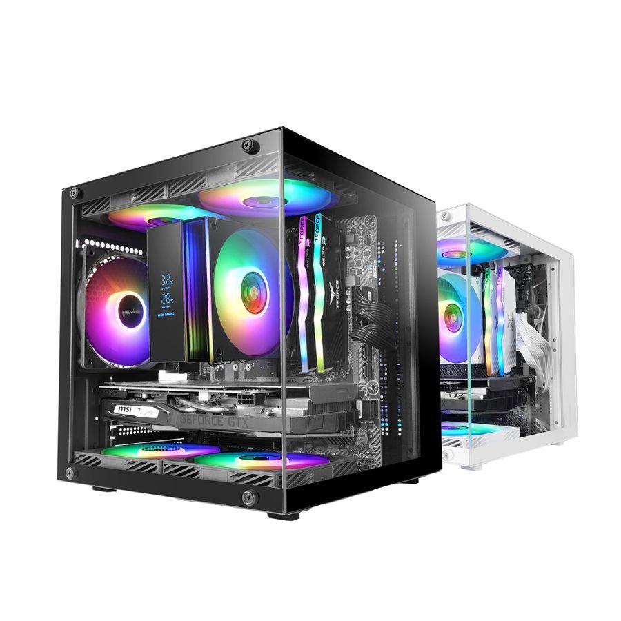 Mars Gaming MC-CUBE, Caja PC MicroATX, Formato Cubo Ultracompacto, Cristal Templado Panorámico, Ventilador Trasero ARGB 120mm, Soporte Refrigeraciones Líquidas hasta 120mm, Minitorre con USB-C, Blanco