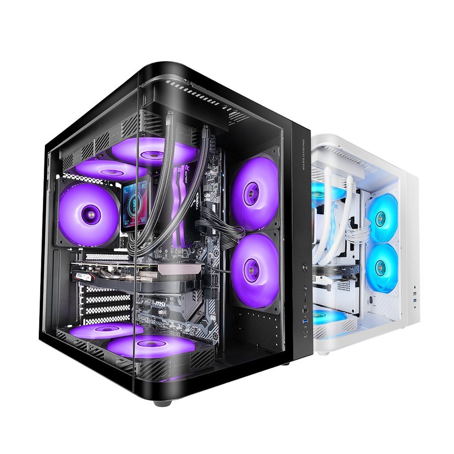 Mars Gaming MC-CURV, Caja Gaming ATX, Triple Cristal Templado Curvado Continuo Frontal y Lateral, Estructura Doble Cámara, Semitorre PC Compacta con Amplia Capacidad Interna, USB-C y USB 3.0, Negro