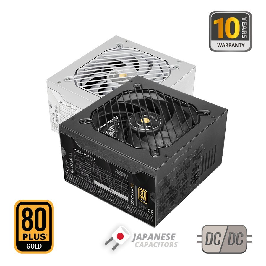 Mars Gaming MPB850PSI, Fuente Alimentación Full Modular ATX 850W, 10 Años Garantía, 80Plus Gold 90%, Ventilador SI 14cm, Tecnología AI2-RPM, DC-DC y SMD, ATX 3.1 y PCIe 5.1, Conector 12V 2x6, Negro