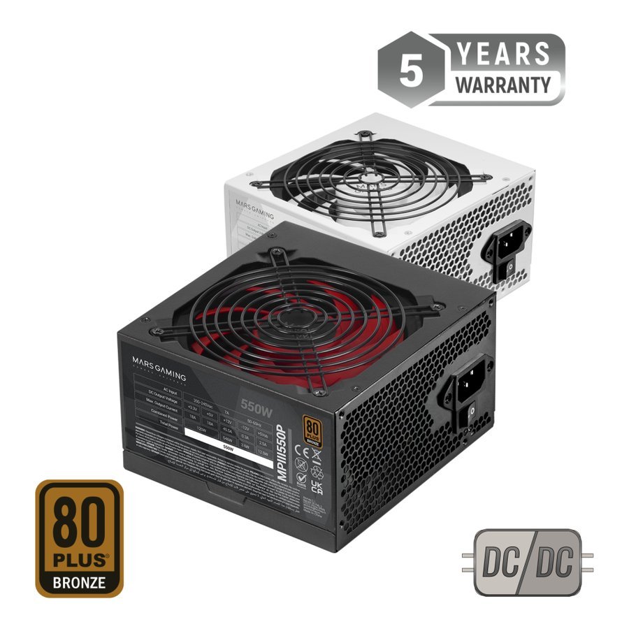 Mars Gaming MPIII550P Fuente ATX 550W 80 Plus Bronze 5 Años Garantía Negro | Certificado 80Plus Bronze, Eficiencia Energética 86%, Sistema Digital APFC, Ventilador FDB 120mm AI-RPM, DC-DC y SMD