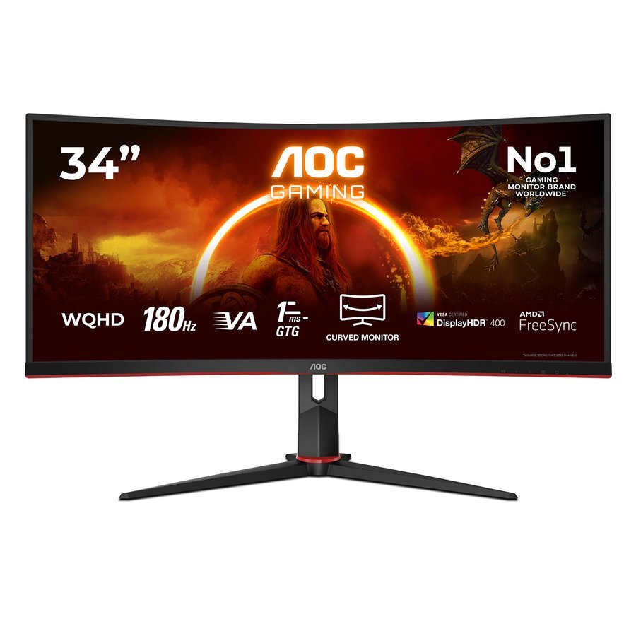 AOC CU34G2XPD/BK Gaming Monitor 34 Pulgadas 180Hz Panel Fast VA, 1ms GtG, HDR400, Altura Ajustable, (3440x1440 HDMI 2X 2.0 DP 2X 1.4 USB Hub) Negro/Rojo
